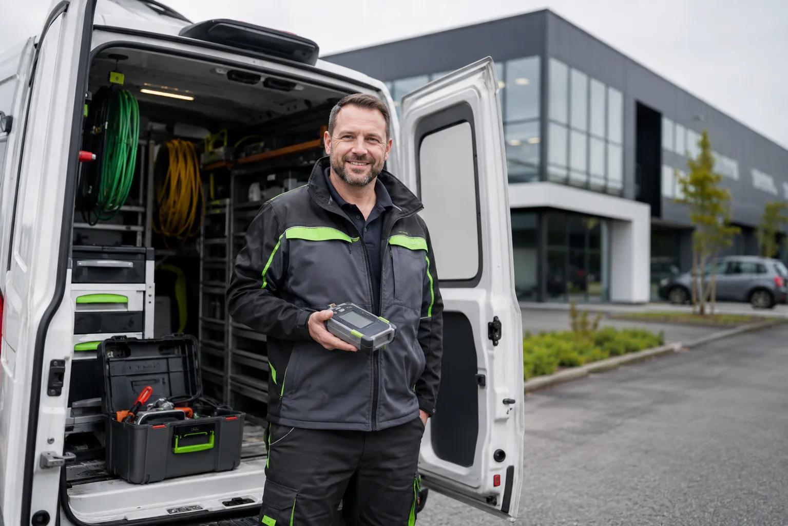 Servicetechniker von baconnect am Servicefahrzeug mit Messgerät